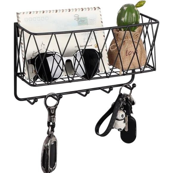Entryway Mail Holder with Key Hooks,11.0" L×2.6"W×5.1"H,Wall Mounted Matte Black - Picture 1 of 6